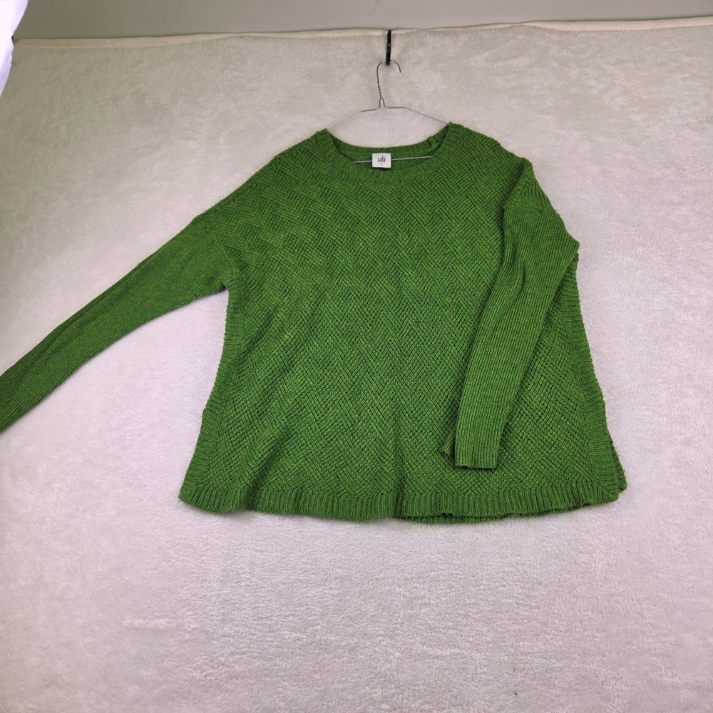 Cabi Moss Green Basketweave Textured Knit Crew Neck Sweater Large 3909